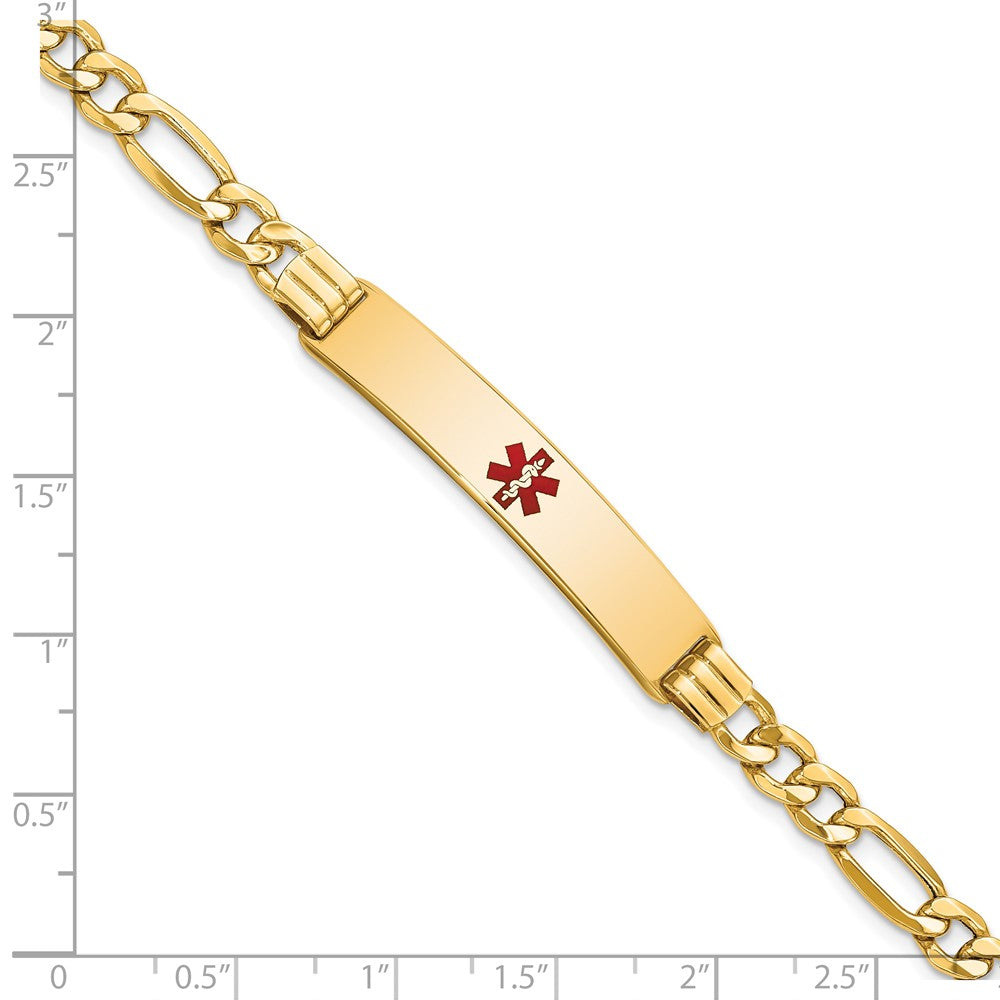 14K Medical Semi-Solid Chain/Solid Plate 38x9mm Centered Red Enamel Figaro Link 8 inch ID Bracelet