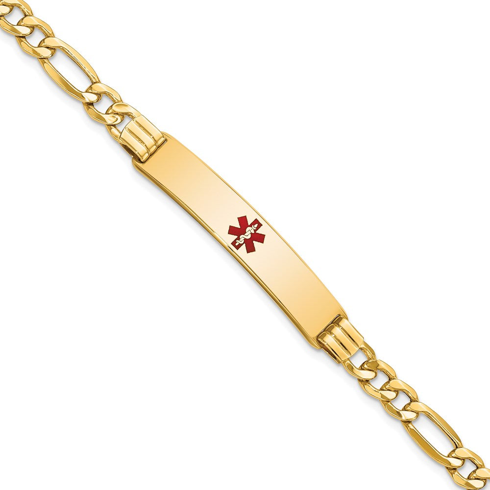 14K Medical Semi-Solid Chain/Solid Plate 38x9mm Centered Red Enamel Figaro Link 7 inch ID Bracelet