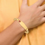 14K Medical Semi-Solid Chain/Solid Plate Soft Diamond Shape 40x12mm Off-Center Red Enamel Figaro Link 8 inch ID Bracelet