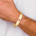 14K Medical Semi-Solid Chain/Solid Plate 40x10mm Centered Red Enamel Curb Link 8 inch ID Bracelet