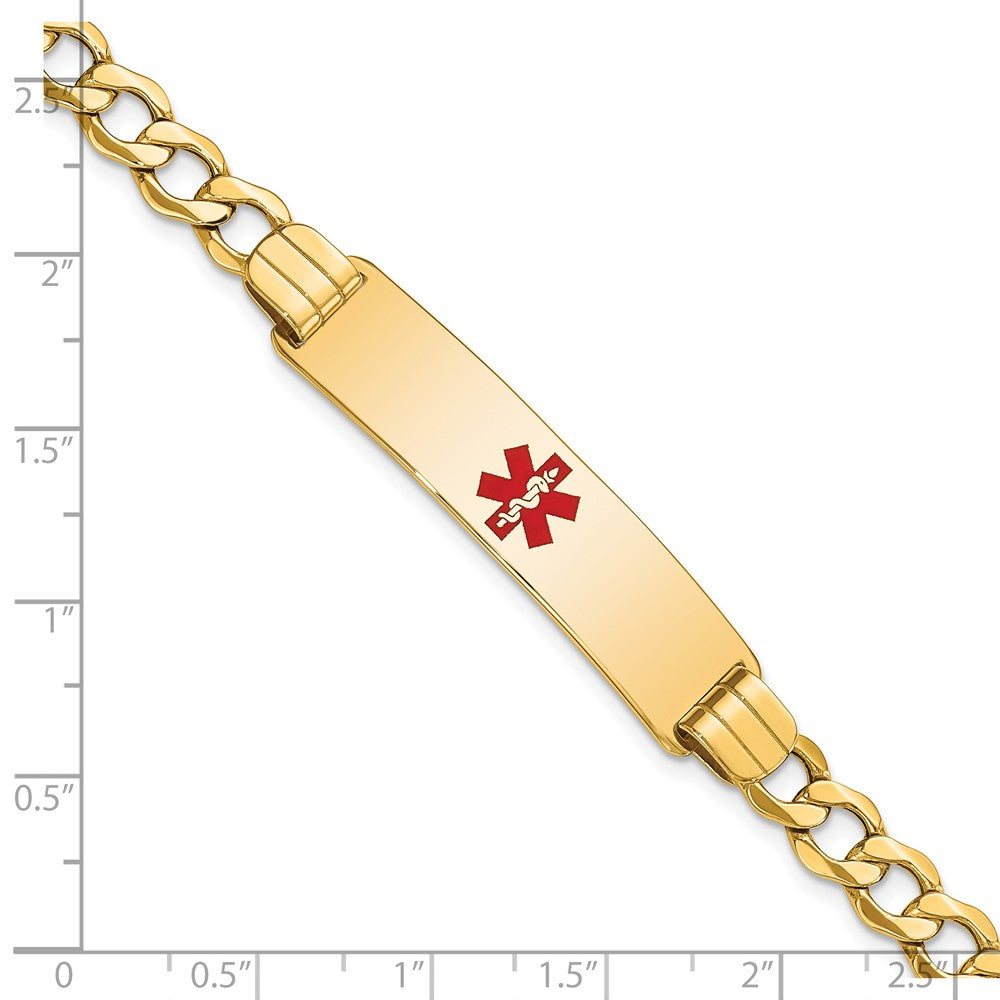 14K Medical Semi-Solid Chain/Solid Plate 40x10mm Centered Red Enamel Curb Link 8 inch ID Bracelet