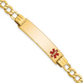 14K Medical Semi-solid Chain/Solid Plate 40x10mm Off-Center Red Enamel Curb Link 8 inch ID Bracelet