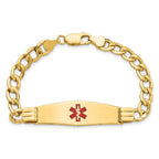 14K Medical Semi-Solid Chain/Solid Plate Soft Diamond Shape 40x12mm Centered Red Enamel Curb Link 8 inch ID Bracelet