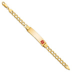 14K Medical Semi-solid Chain/Solid Plate 40x10mm Off-Center Red Enamel Curb Link 7 inch ID Bracelet