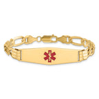 14K Medical Solid Chain/Solid Plate Soft Diamond Shape 40x12mm Centered Red Enamel Flat Figaro Link 7 inch ID Bracelet