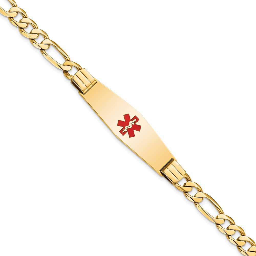 14K Medical Solid Chain/Solid Plate Soft Diamond Shape 40x12mm Centered Red Enamel Flat Figaro Link 7 inch ID Bracelet
