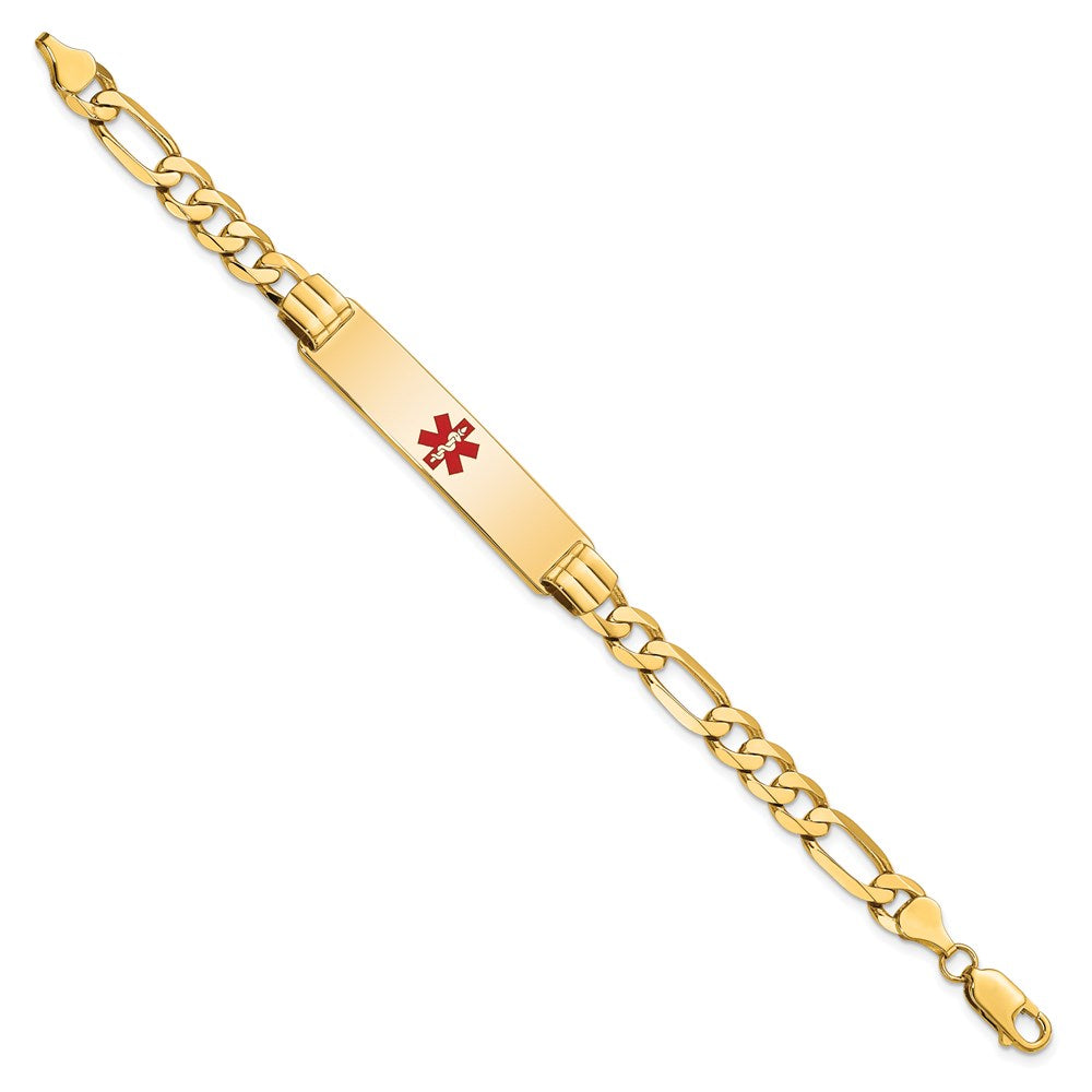 14K Medical Solid Chain/Solid Plate 40x10mm Centered Red Enamel Flat Figaro Link 8 inch ID Bracelet