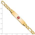 14K Medical Solid Chain/Solid Plate 40x10mm Centered Red Enamel Flat Figaro Link 7 inch ID Bracelet