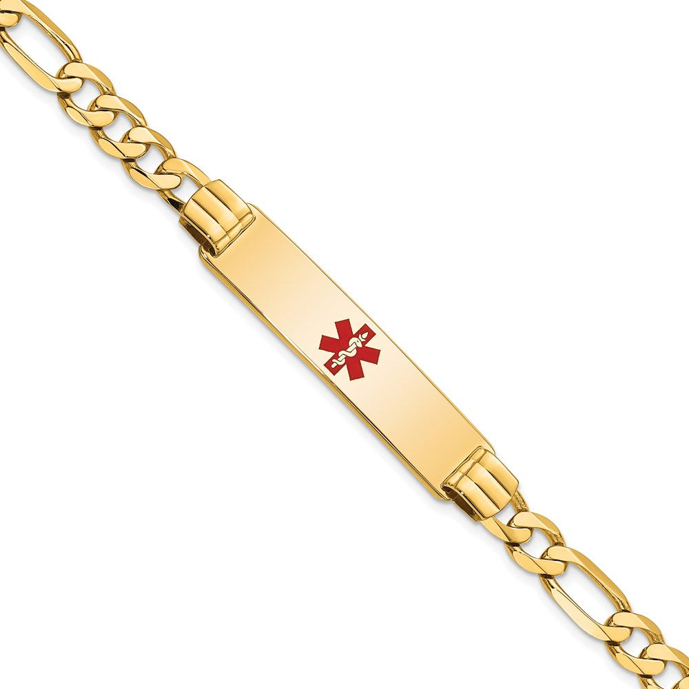 14K Medical Solid Chain/Solid Plate 40x10mm Centered Red Enamel Flat Figaro Link 8 inch ID Bracelet