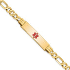 14K Medical Solid Chain/Solid Plate 40x10mm Centered Red Enamel Flat Figaro Link 8 inch ID Bracelet