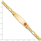 14K Medical Solid Chain/Solid Plate Soft Diamond Shape 39x12mm Off-Center Red Enamel Flat Figaro Link 7 inch ID Bracelet
