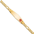 14K Medical Solid Chain/Solid Plate Soft Diamond Shape 39x12mm Off-Center Red Enamel Flat Figaro Link 7 inch ID Bracelet