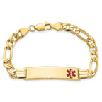 14K Medical Solid Chain/Solid Plate 40x10mm Off-Center Red Enamel Flat Figaro Link 8 inch ID Bracelet