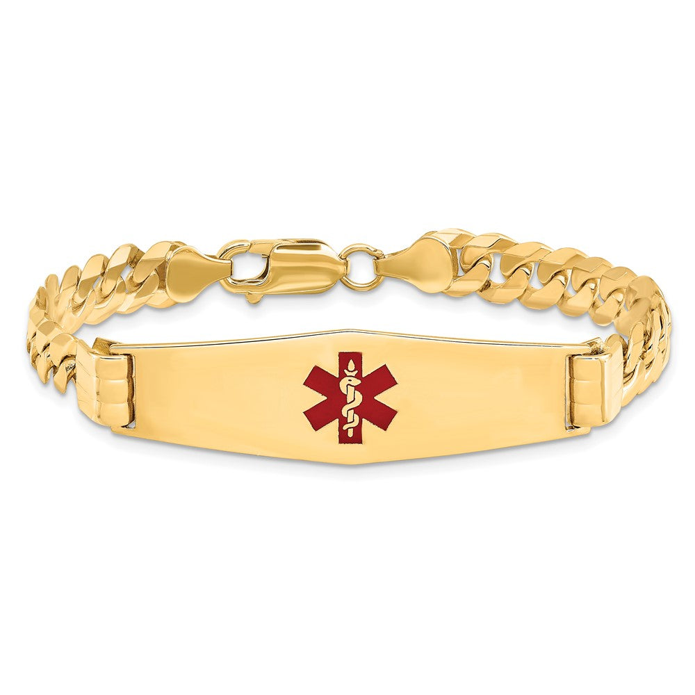 14K Medical Solid Chain/Solid Plate Soft Diamond Shape 40x12mm Centered Red Enamel Curb Link 8 inch ID Bracelet