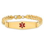 14K Medical Solid Chain/Solid Plate Soft Diamond Shape 40x12mm Centered Red Enamel Curb Link 8 inch ID Bracelet