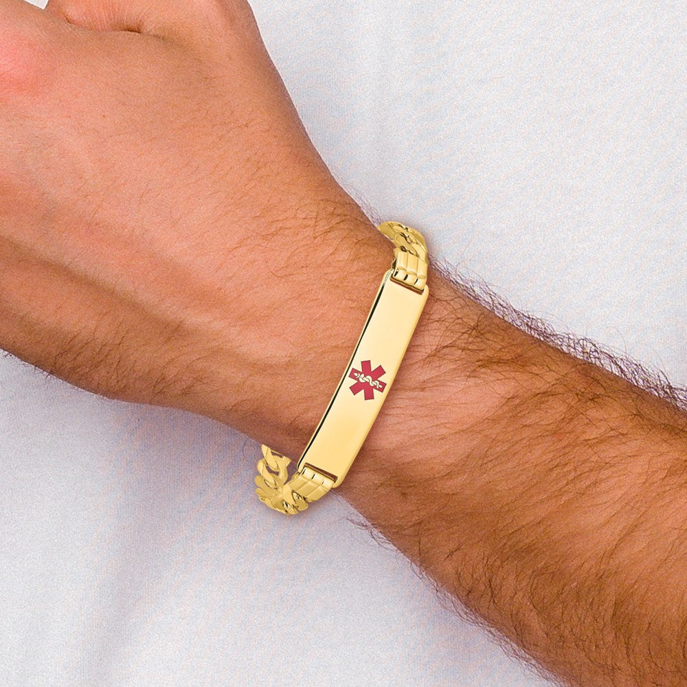 14K Medical Solid Chain/Solid Plate 40x10mm Centered Red Enamel Curb Link 7 inch ID Bracelet