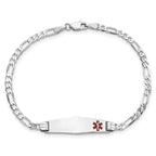 14K White Gold Medical Solid Chain/Solid Plate 26x7mm Soft Diamond Shape Off-Center Red Enamel Figaro Link 7 inch ID Bracelet