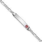 14K White Gold Medical Solid Chain/Solid Plate 26x5mm Off-Center Red Enamel Figaro Link 8 inch ID Bracelet