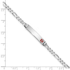 14K White Gold Medical Solid Chain/Solid Plate 26x5mm Off-Center Red Enamel Figaro Link 8 inch ID Bracelet