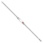 14K White Gold Medical Solid Chain/Solid Plate 26x7mm Soft Diamond Shape Off-Center Red Enamel Flat Curb Link 8 inch ID Bracelet