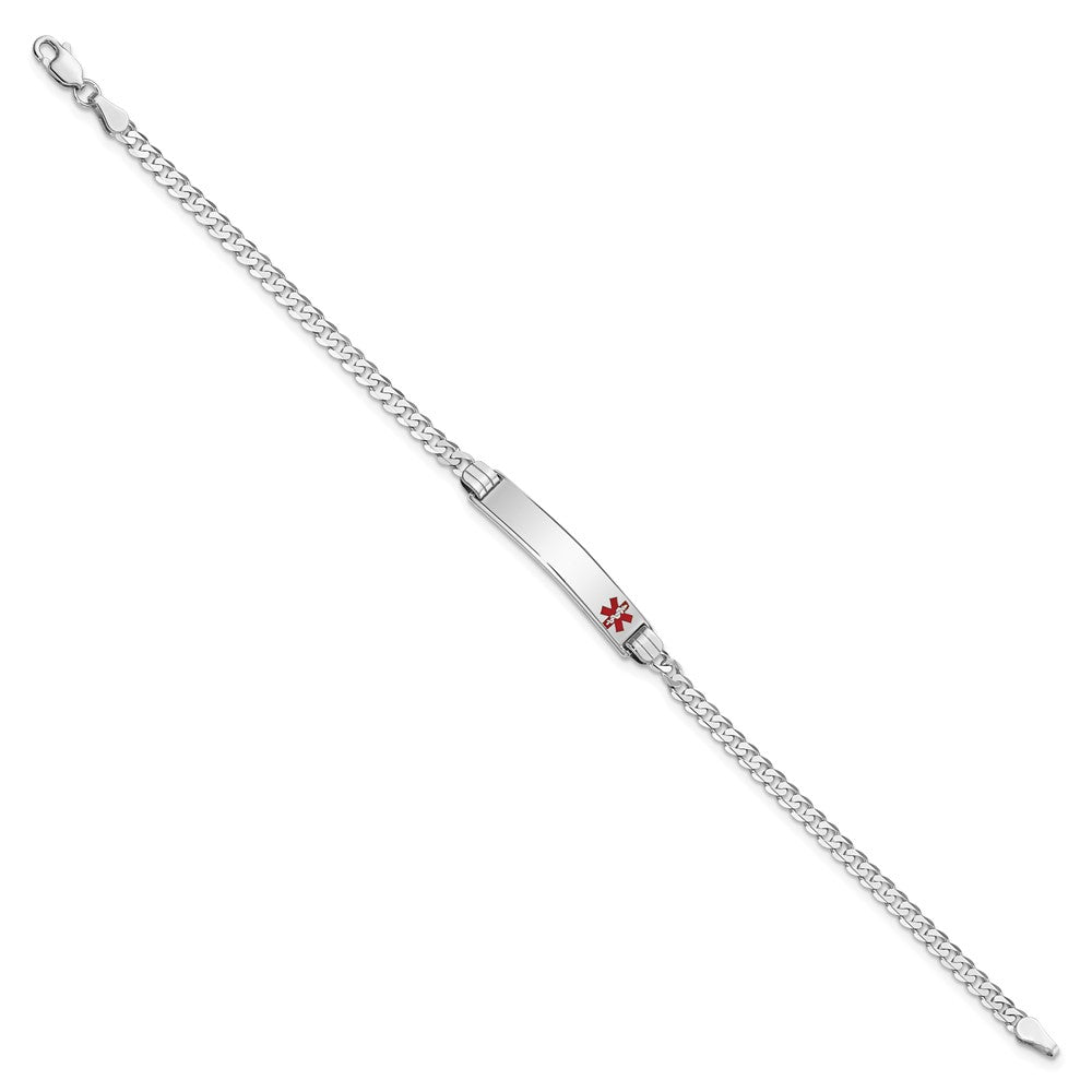 14K White Gold Medical Solid Chain/Solid Plate 26x5mm Off-Center Red Enamel Flat Curb Link 7 inch ID Bracelet