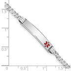 14K White Gold Medical Solid Chain/Solid Plate 26x5mm Off-Center Red Enamel Flat Curb Link 7 inch ID Bracelet