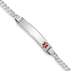 14K White Gold Medical Solid Chain/Solid Plate 26x5mm Off-Center Red Enamel Flat Curb Link 8 inch ID Bracelet