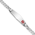 14K White Gold Medical Solid Chain/Solid Plate 26x7mm Soft Diamond Shape Off-Center Red Enamel Flat Curb Link 8 inch ID Bracelet