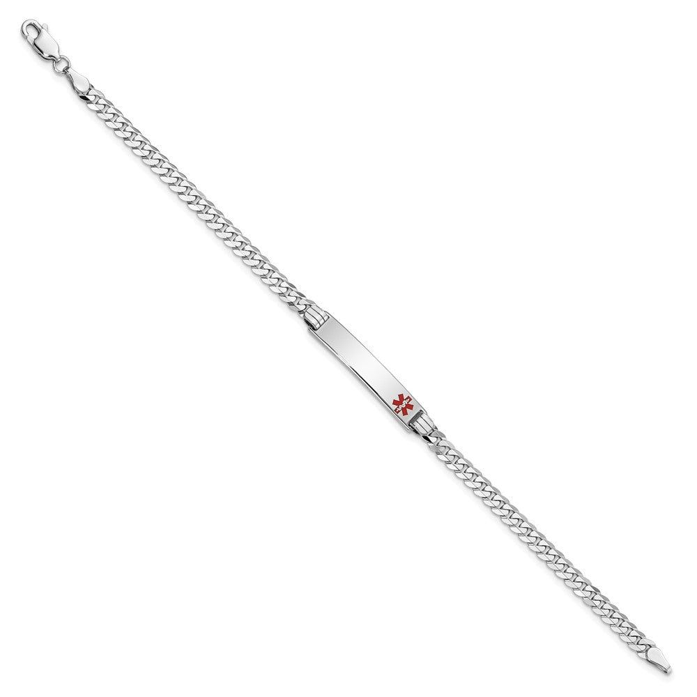 14K White Gold Medical Solid Chain/Solid Plate 26x5mm Off-Center Red Enamel Flat Curb Link 7 inch ID Bracelet