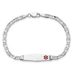 14K White Gold Medical Solid Chain/Solid Plate 26x7mm Soft Diamond Shape Off-Center Red Enamel Anchor Link 8 inch ID Bracelet