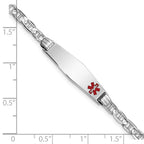 14K White Gold Medical Solid Chain/Solid Plate 26x7mm Soft Diamond Shape Off-Center Red Enamel Anchor Link 8 inch ID Bracelet