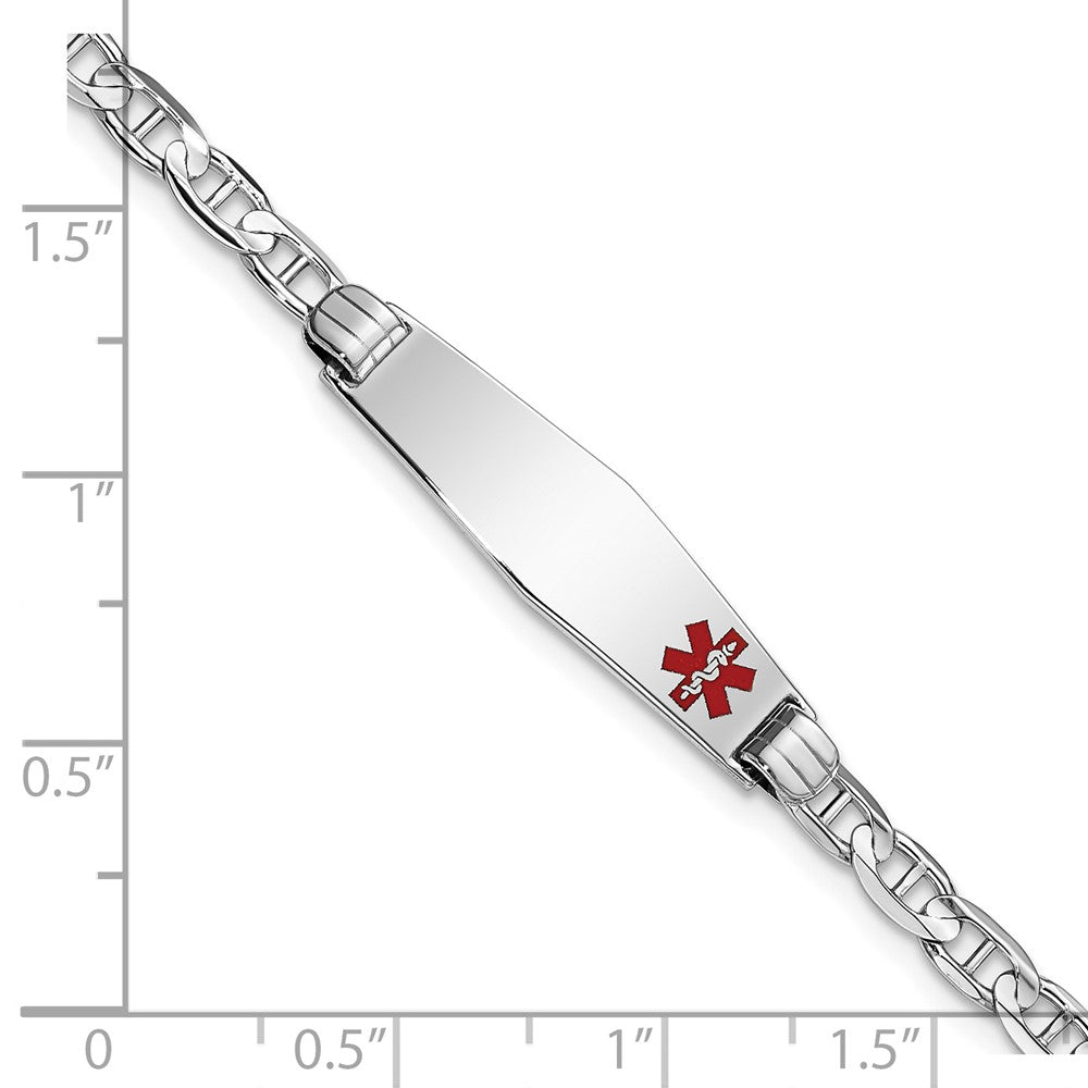 14K White Gold Medical Solid Chain/Solid Plate 26x7mm Soft Diamond Shape Off-Center Red Enamel Anchor Link 8 inch ID Bracelet