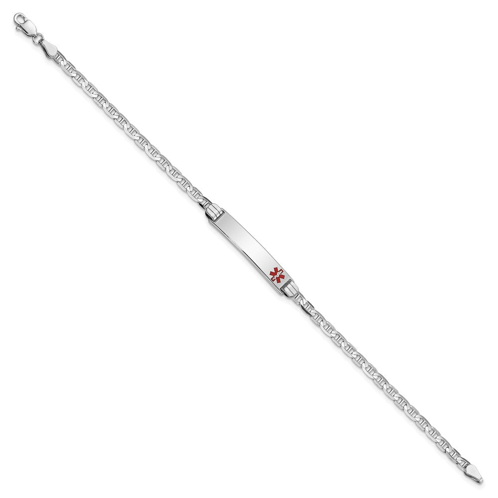 14K White Gold Medical Solid Chain/Solid Plate 26x5mm Off-Center Red Enamel Anchor Link 8 inch ID Bracelet