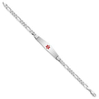 14K White Gold Medical Solid Chain/Solid Plate Soft Diamond Shape 36x9mm Centered Red Enamel Figaro Link 8 inch ID Bracelet