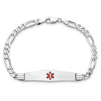 14K White Gold Medical Solid Chain/Solid Plate Soft Diamond Shape 36x9mm Centered Red Enamel Figaro Link 8 inch ID Bracelet