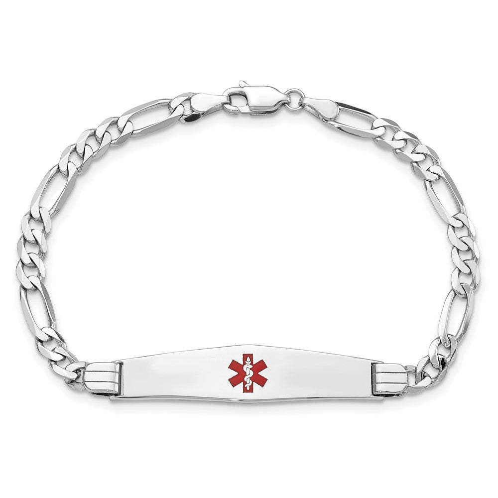 14K White Gold Medical Solid Chain/Solid Plate Soft Diamond Shape 36x9mm Centered Red Enamel Figaro Link 8 inch ID Bracelet