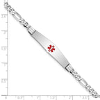 14K White Gold Medical Solid Chain/Solid Plate Soft Diamond Shape 36x9mm Centered Red Enamel Figaro Link 8 inch ID Bracelet