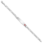 14K White Gold Medical Solid Chain/Solid Plate Soft Diamond Shape 37x9mm Off-Center Red Enamel Figaro Link 8 inch ID Bracelet