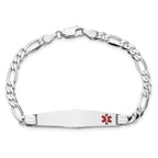 14K White Gold Medical Solid Chain/Solid Plate Soft Diamond Shape 37x9mm Off-Center Red Enamel Figaro Link 8 inch ID Bracelet