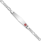 14K White Gold Medical Solid Chain/Solid Plate Soft Diamond Shape 37x9mm Off-Center Red Enamel Figaro Link 7 inch ID Bracelet