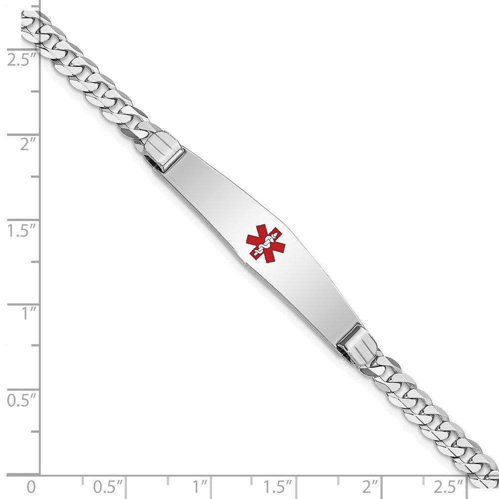 14K White Gold Medical Solid Chain/Solid Plate Soft Diamond Shape 36x9mm Centered Red Enamel Flat Curb Link 7 inch ID Bracelet