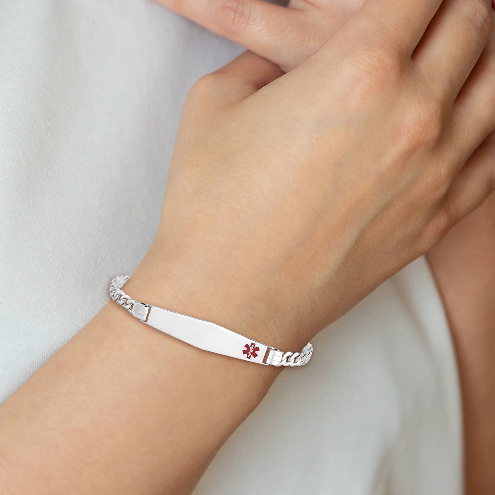 14K White Gold Medical Solid Chain/Solid Plate Soft Diamond Shape 37x9mm Off-Center Red Enamel Flat Curb Link 7 inch ID Bracelet
