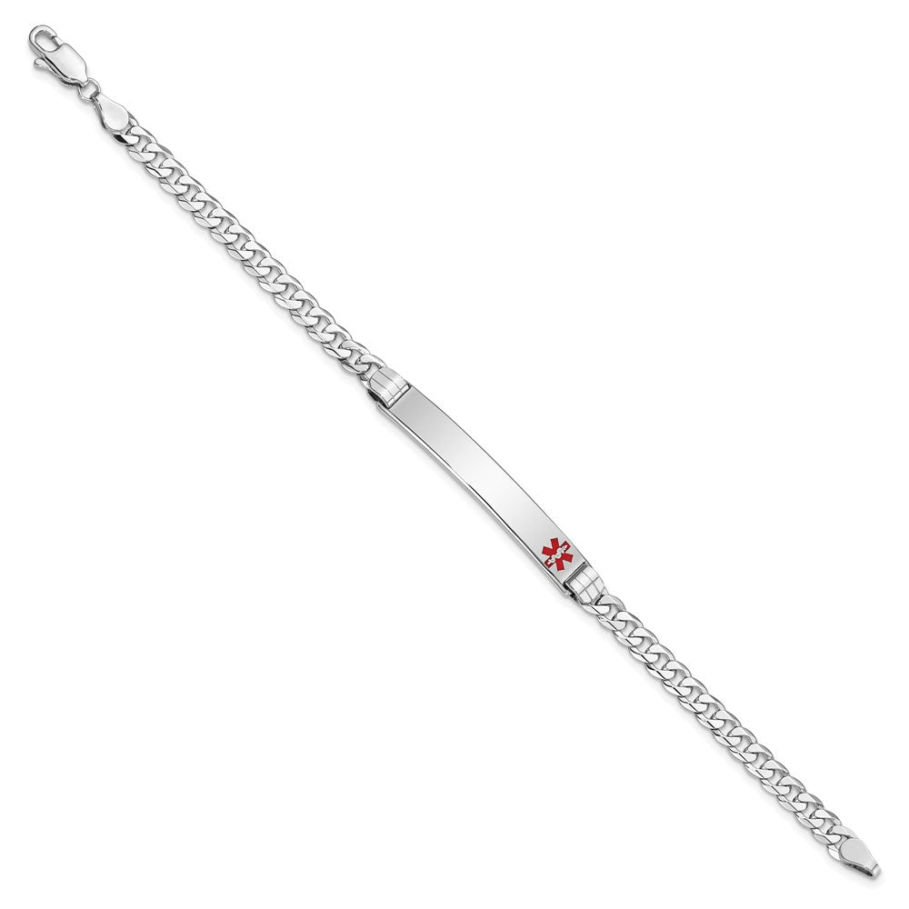 14K White Gold Medical Solid Chain/Solid Plate 37x6mm Off-Center Red Enamel Flat Curb Link 7 inch ID Bracelet