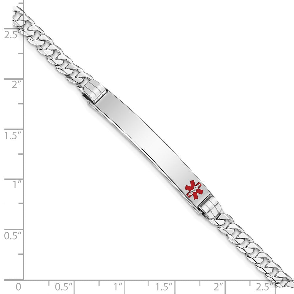 14K White Gold Medical Solid Chain/Solid Plate 37x6mm Off-Center Red Enamel Flat Curb Link 7 inch ID Bracelet