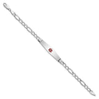 14K White Gold Medical Semi-Solid Chain/Solid Plate Soft Diamond Shape 37x9mm Centered Red Enamel Figaro Link 8 inch ID Bracelet