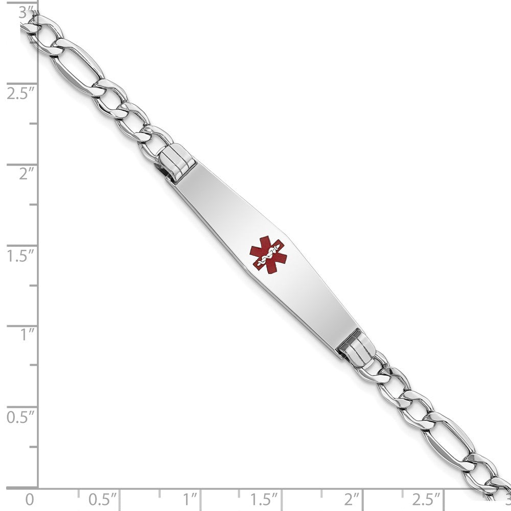 14K White Gold Medical Semi-Solid Chain/Solid Plate Soft Diamond Shape 37x9mm Centered Red Enamel Figaro Link 8 inch ID Bracelet