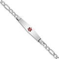 14K White Gold Medical Semi-Solid Chain/Solid Plate Soft Diamond Shape 37x9mm Centered Red Enamel Figaro Link 8 inch ID Bracelet