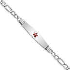 14K White Gold Medical Semi-Solid Chain/Solid Plate Soft Diamond Shape 37x9mm Centered Red Enamel Figaro Link 8 inch ID Bracelet