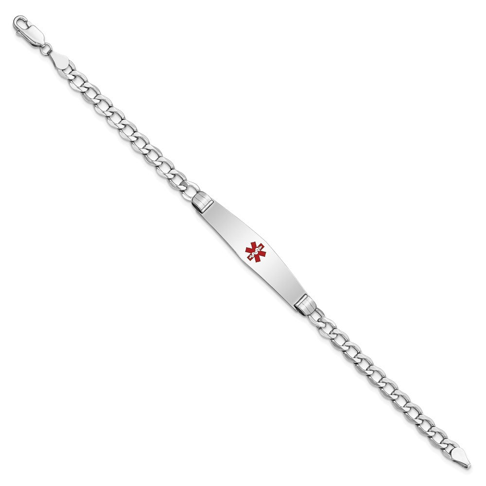 14K White Gold Medical Semi-Solid Chain/Solid Plate Soft Diamond Shape 36x9mm Centered Red Enamel Curb Link 8 inch ID Bracelet