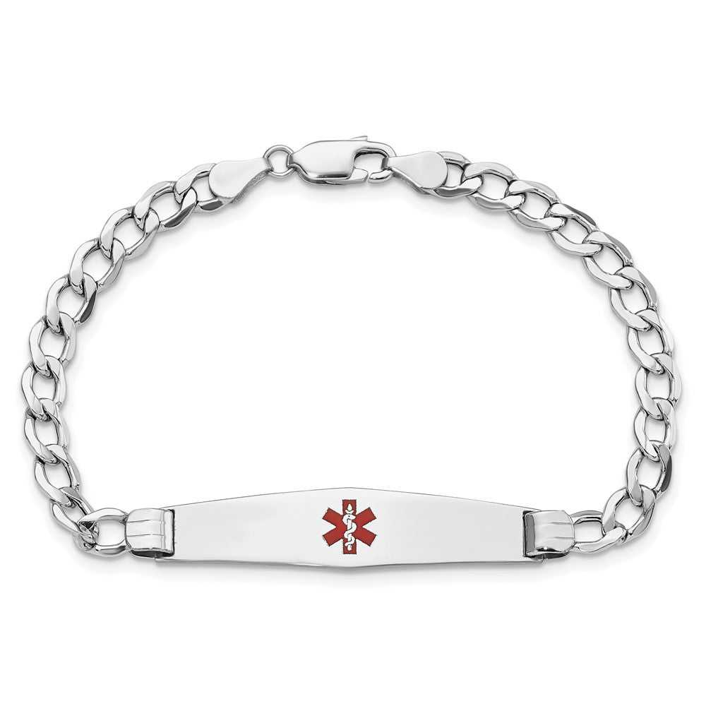 14K White Gold Medical Semi-Solid Chain/Solid Plate Soft Diamond Shape 36x9mm Centered Red Enamel Curb Link 8 inch ID Bracelet